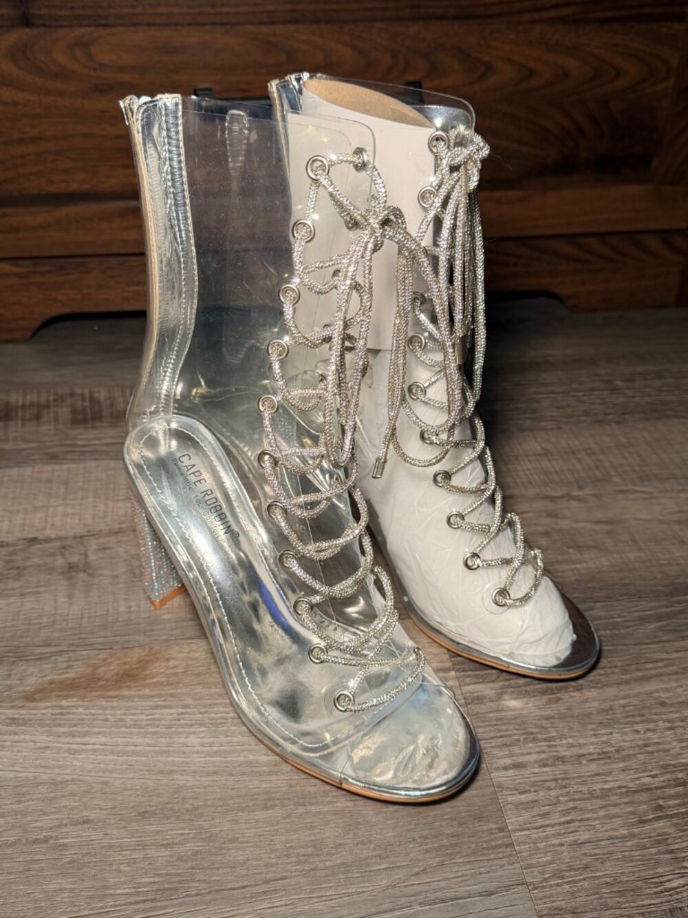 Cape Robbin Clear Rhinestone Lace Up Boots 8.5 Silver Y2K Heeled Statement